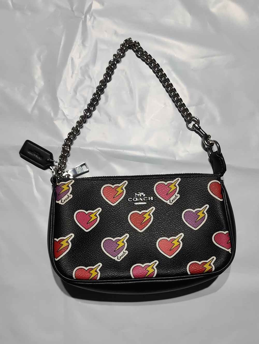 COACH Black Leather Mini Shoulder Bag with Multicolor Heart Lightning Print